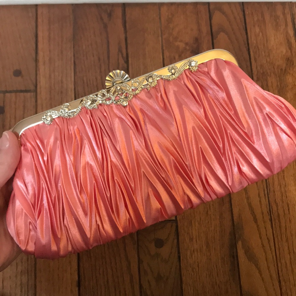 Coral pink satin evening clutch, colorful handbag